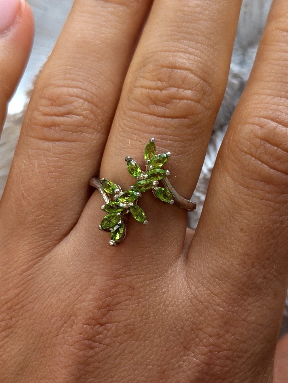 925 Sterling Silver Green Peridot Flower Ring Adjustable